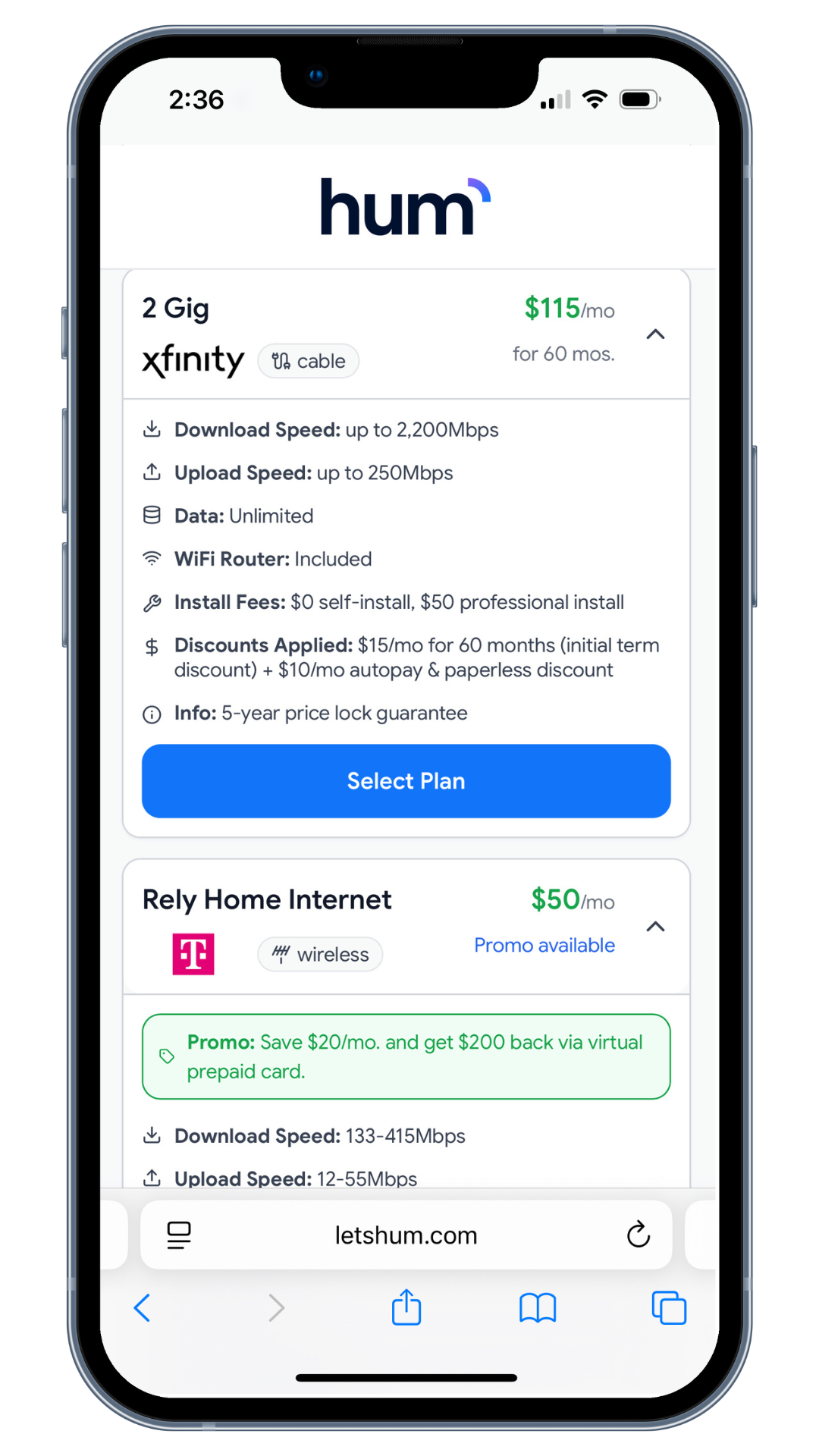iPhone showing Hum API results with provider options